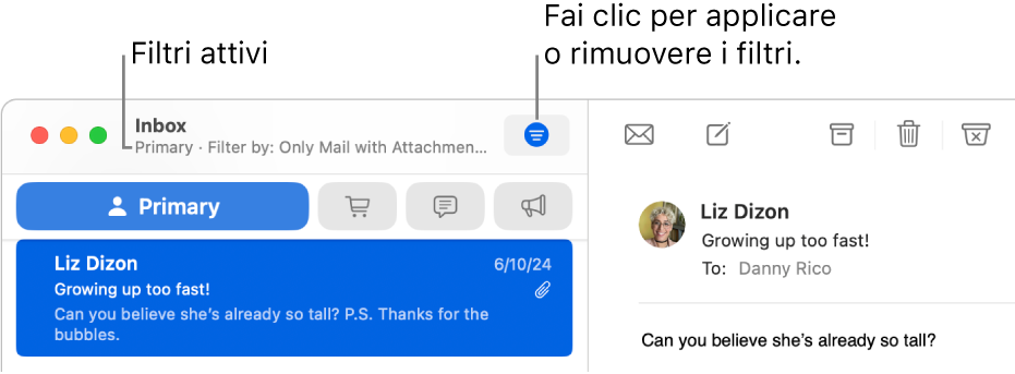 La finestra di Mail mostra la barra strumenti sopra l’elenco dei messaggi, dove Mail indica quali filtri vengono applicati, ad esempio, “Solo email con allegati”.