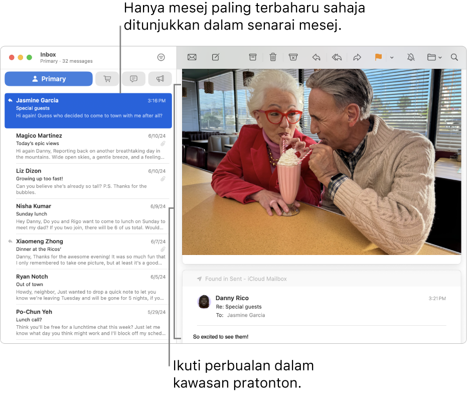 Hanya mesej yang paling baharu dari perbualan ditunjukkan dalam senarai mesej. Nombor di mesej teratas menunjukkan berapa banyak mesej perbualan berada dalam peti mel semasa. Ikuti perbualan dalam kawasan pratonton.