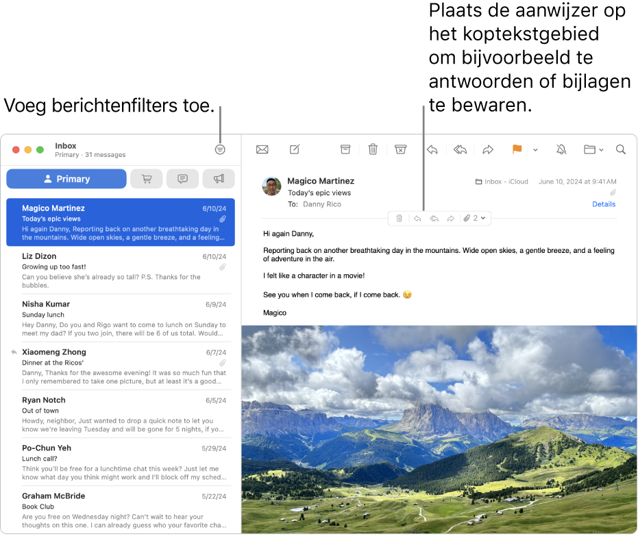 Het venster van Mail. Klik op de filterknop in de knoppenbalk om berichtenfilters toe te passen. Om knoppen weer te geven om bijvoorbeeld te antwoorden of bijlage te bewaren, plaats je de aanwijzer op het kopgedeelte van een bericht.