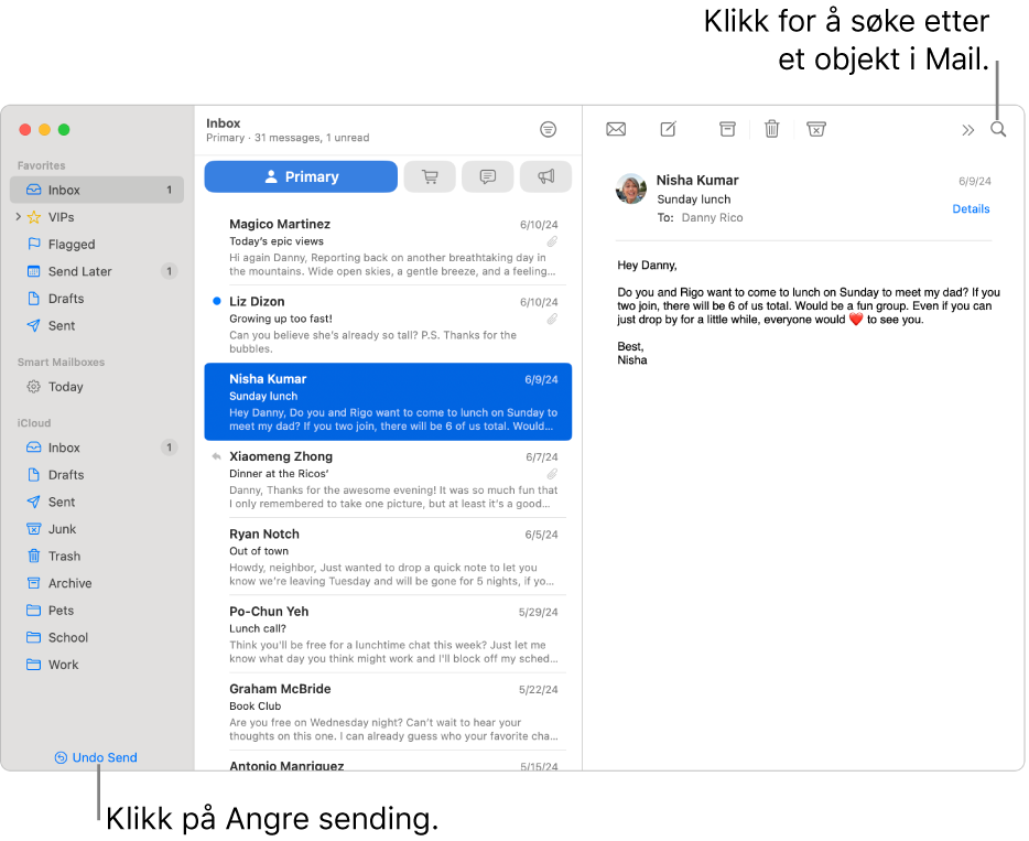 Et Mail-vindu som viser sidepanelet til venstre. Angre sending-knappen vises nederst i sidepanelet.