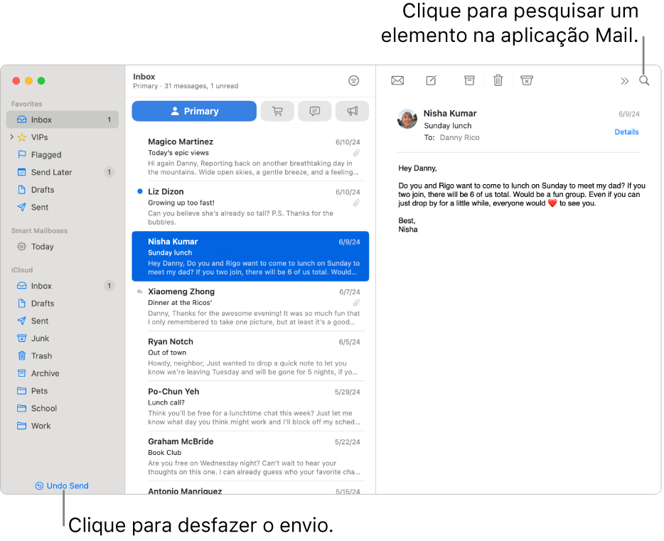 Uma janela do Mail com a barra lateral à esquerda. O botão “Desfazer Enviar” encontra-se na parte inferior da barra lateral.
