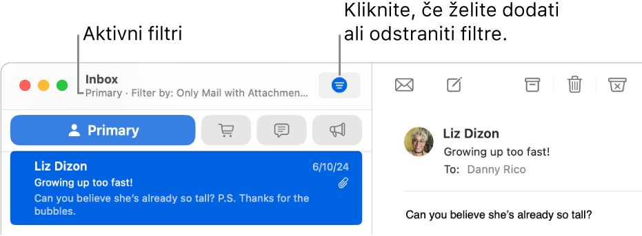 Okno Pošte, ki prikazuje orodno vrstico nad seznamom sporočil, pri čemer Pošta označuje, kateri filtri (na primer »Le pošta s prilogami«) so uporabljeni.
