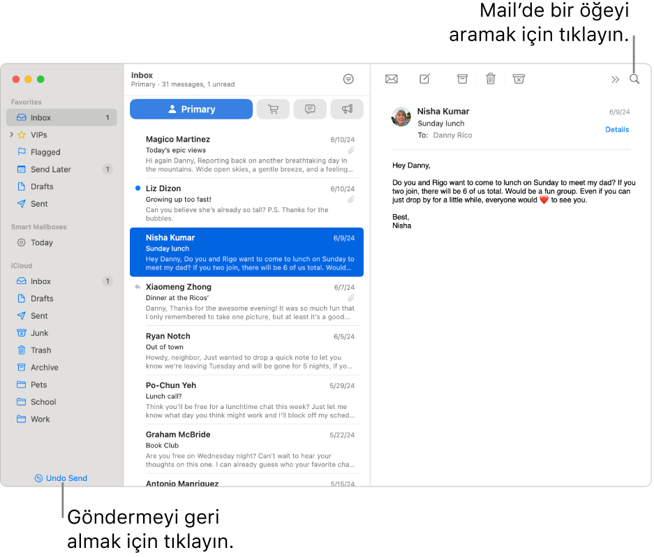 Solda kenar çubuğunu gösteren bir Mail penceresi. Göndermeyi Geri Al düğmesi kenar çubuğunun en altında.