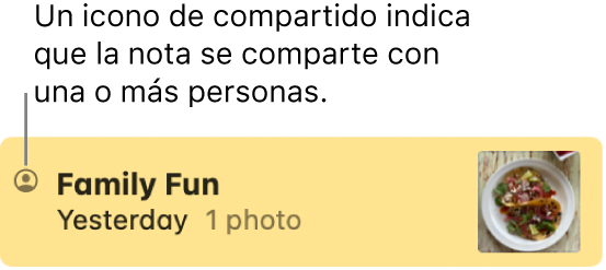 Una nota que se ha compartido con otras personas en una conversación de Mensajes, con el icono Compartido a la izquierda del nombre de la nota.