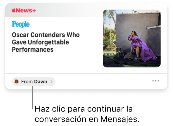 Una noticia que han compartido en News. Haz clic en la etiqueta De para enviar una respuesta en Mensajes.