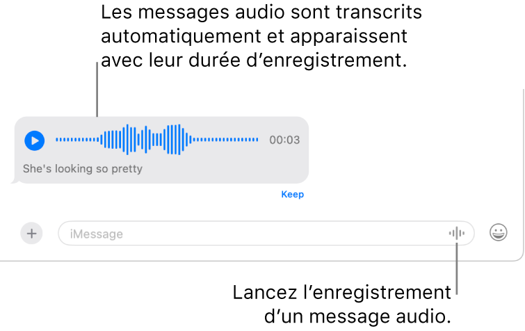 Conversation Messages avec le bouton « Enregistrer l’audio » en regard du champ du message au bas de la fenêtre. Un message audio avec sa transcription s’affiche avec sa durée dans la conversation.