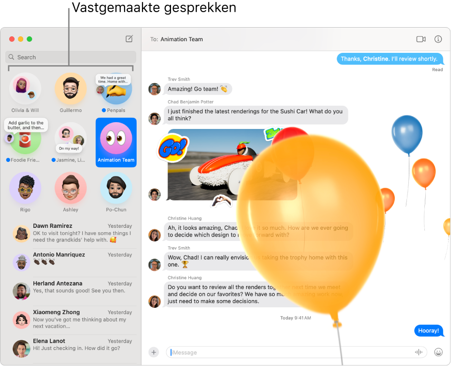 Berichten met verschillende vastgemaakte gesprekken links in het venster.