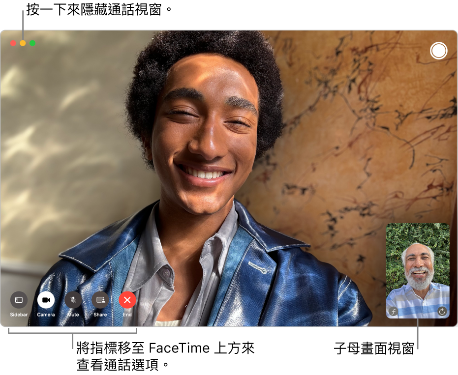 FaceTime 視訊通話進行中。子母畫面視窗顯示在右上角,而 FaceTime 通話選項顯示在左下角。