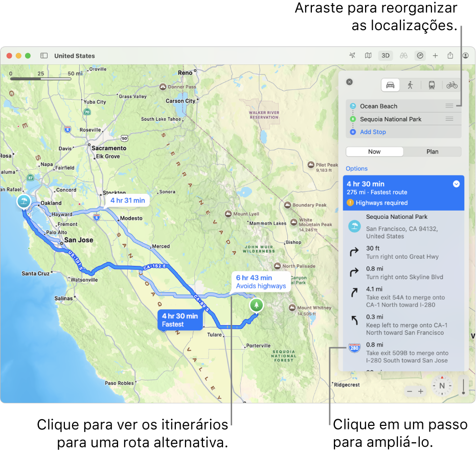 Um mapa da área de San Francisco com uma rota de carro entre dois locais. O mapa também mostra rotas alternativas.