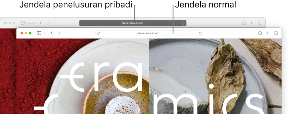 Jendela Safari pribadi dengan bidang Pencarian Cerdas gelapnya, dan jendela Safari normal dengan bidang Pencarian Cerdas terangnya.