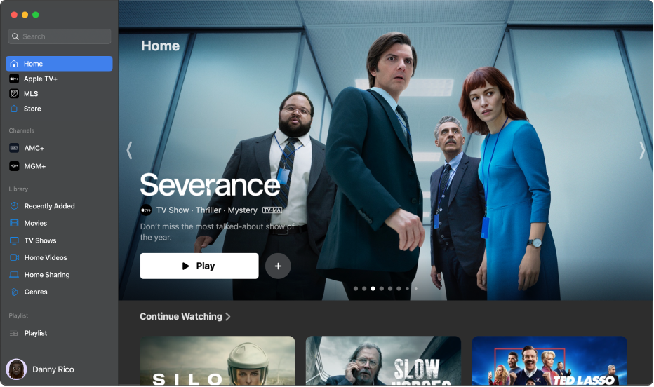 App Apple TV con el panel Inicio abierto.