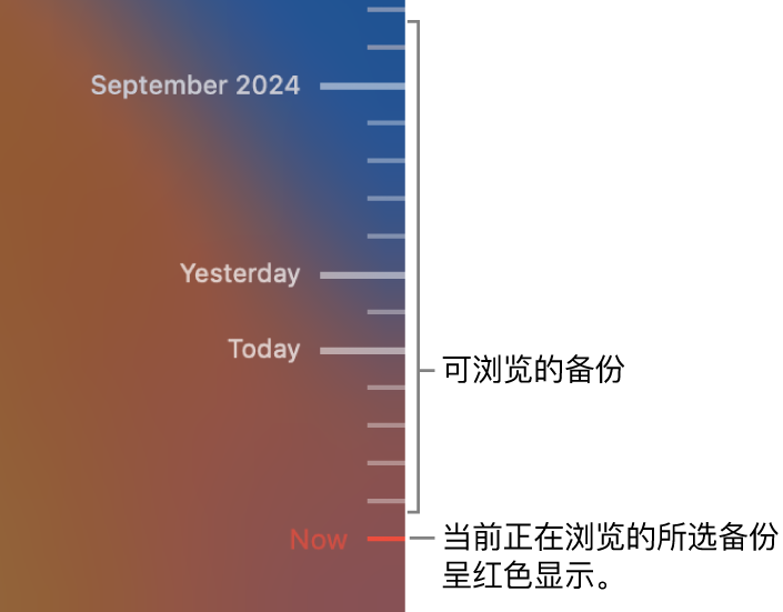 备份时间线中的刻度标记。红色刻度标记表示正在浏览的备份。