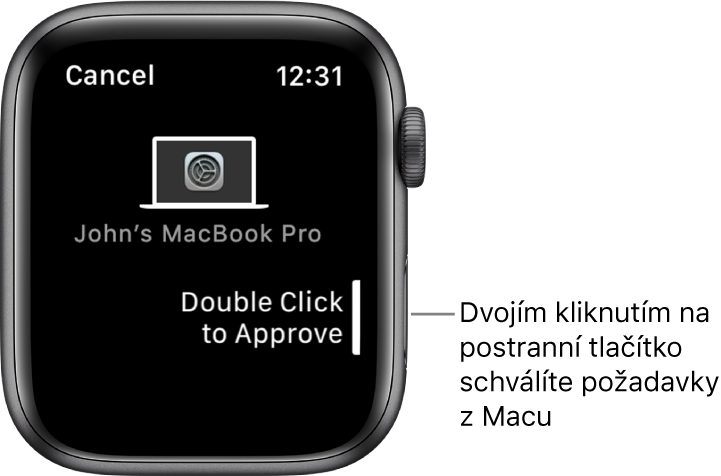 Hodinky Apple Watch zobrazující požadavek na schválení z MacBooku Pro
