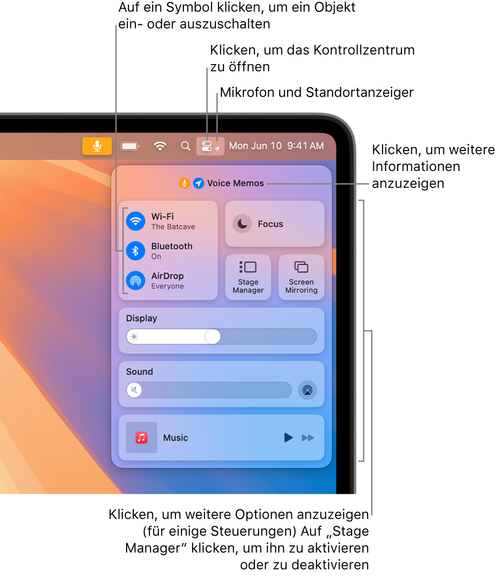 Das Kontrollzentrum befindet sich oben rechts auf dem Bildschirm und zeigt u. a. Steuerelemente für WLAN, Fokus, Nicht stören, Ton und Jetzt läuft.