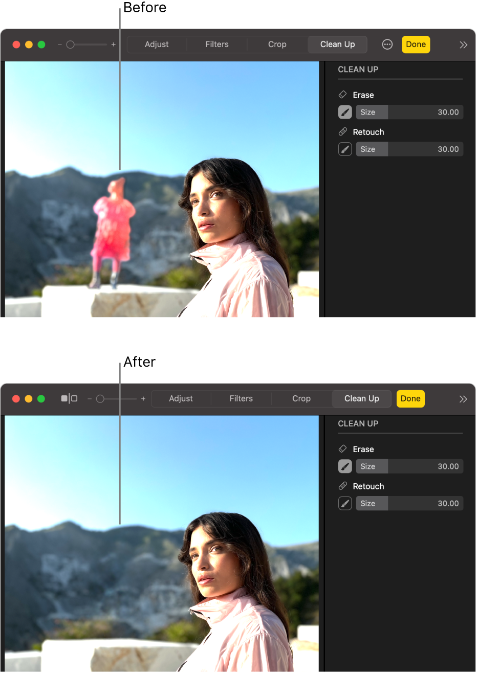 A photo showing a person in the background, and the same photo after using Clean Up, with the person in the background removed.