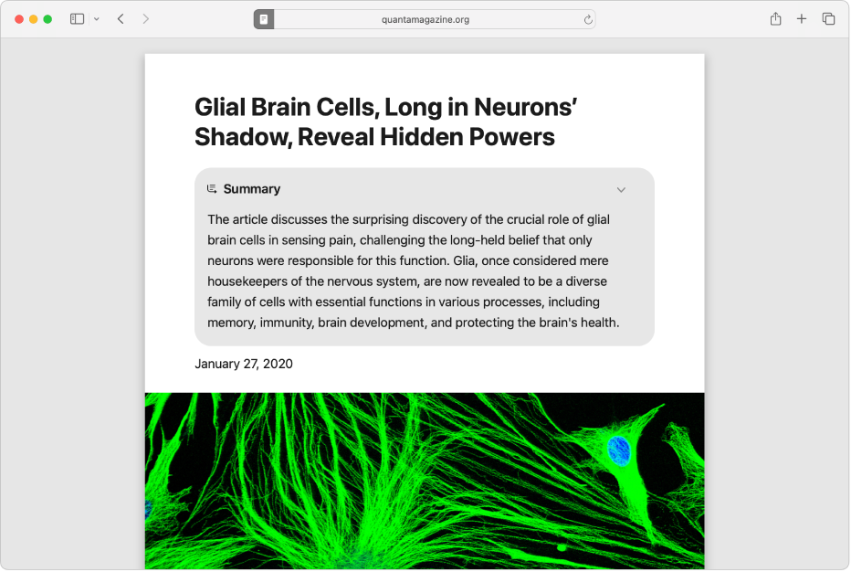 A Safari window with the reader selected in the toolbar and an Apple Intelligence-generated summary below the headline.