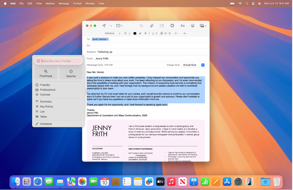 A Mail app window on Mac showing selected text in an email with the Writing Tools dialog open. The Writing Tools dialog has a Describe your change field at the top, followed by Proofread and Rewrite buttons. You can choose a Friendly, Professional, or Concise tone below that, and at the bottom are Summary, Key Points, Table, and List buttons.