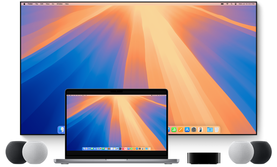 A Mac computer and devices that it can stream content to using AirPlay—for example, an Apple TV, HomePod mini speakers, and a smart TV.
