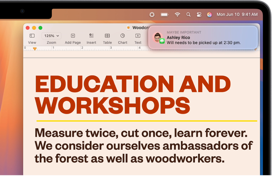La parte superior derecha del escritorio del Mac con el icono del modo de concentración “Reducir interrupciones” en la barra de menús y un documento de Pages abierto. Se muestra una notificación importante de la app Mensajes con la etiqueta “Puede ser importante”.