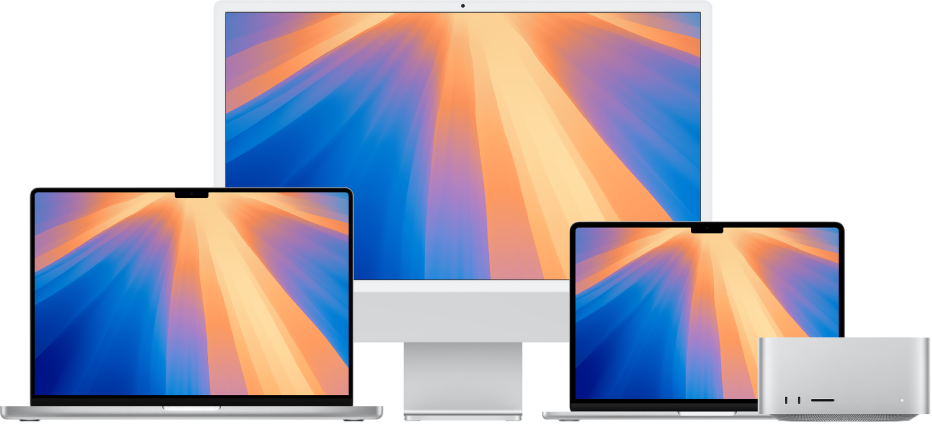 De izquierda a derecha, un MacBook Pro, un iMac y un MacBook Air con escritorios de colores. Un Mac Studio en el extremo derecho.