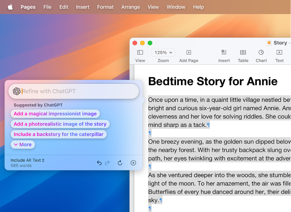 Una ventana de la app Pages muestra una historia redactada con las herramientas de escritura y la extensión de ChatGPT. El cuadro de diálogo “Perfeccionar con ChatGPT” incluye opciones para describir un cambio, seleccionar sugerencias de ChatGPT, deshacer, reescribir y añadir una foto o un documento.