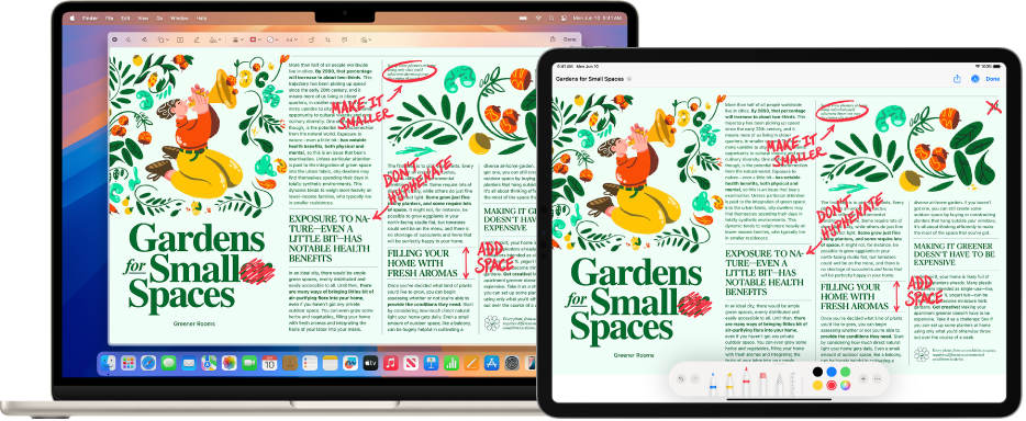 Un MacBook Air al lado de un iPad. Ambas pantallas muestran un artículo lleno de anotaciones a mano de color rojo, como frases tachadas, flechas y palabras añadidas. El iPad también tiene controles para editar marcas en la parte inferior de la pantalla.