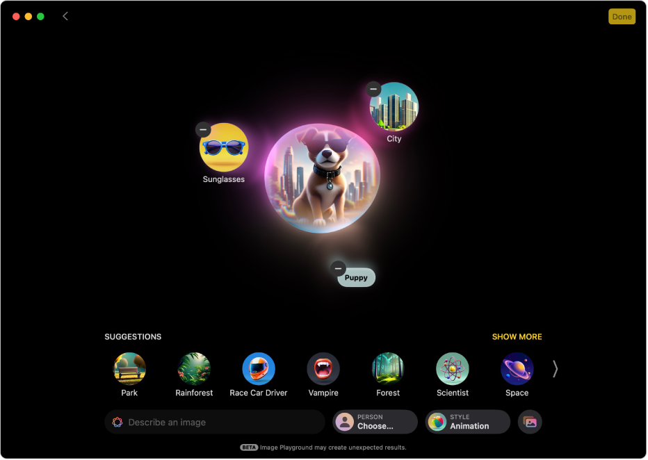 La ventana de la app Image Playground con una imagen creada de un cachorro con gafas de sol en una ciudad.