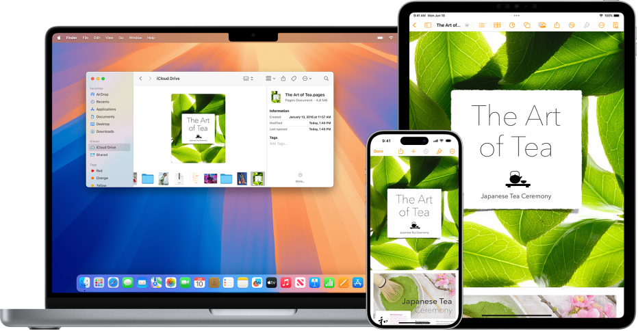 El mismo documento de Pages se muestra en iCloud Drive en una ventana del Finder en un Mac y en la app Pages del iPhone y del iPad.