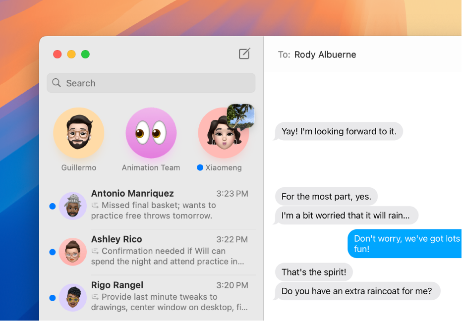 En la ventana de la app Mensajes del Mac se muestran conversaciones resumidas a la izquierda.