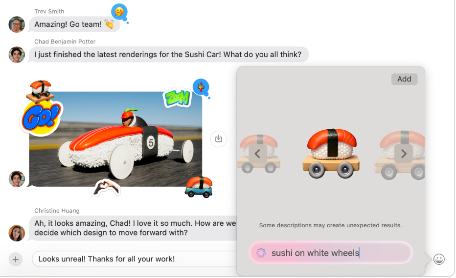 En una ventana de la app Mensajes del Mac se muestra cómo se crea un Genmoji para usarlo en una conversación.