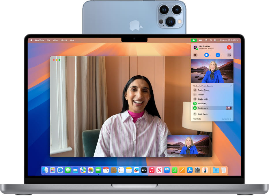 MacBook Pro con un iPhone como cámara web que muestra una llamada FaceTime activa.