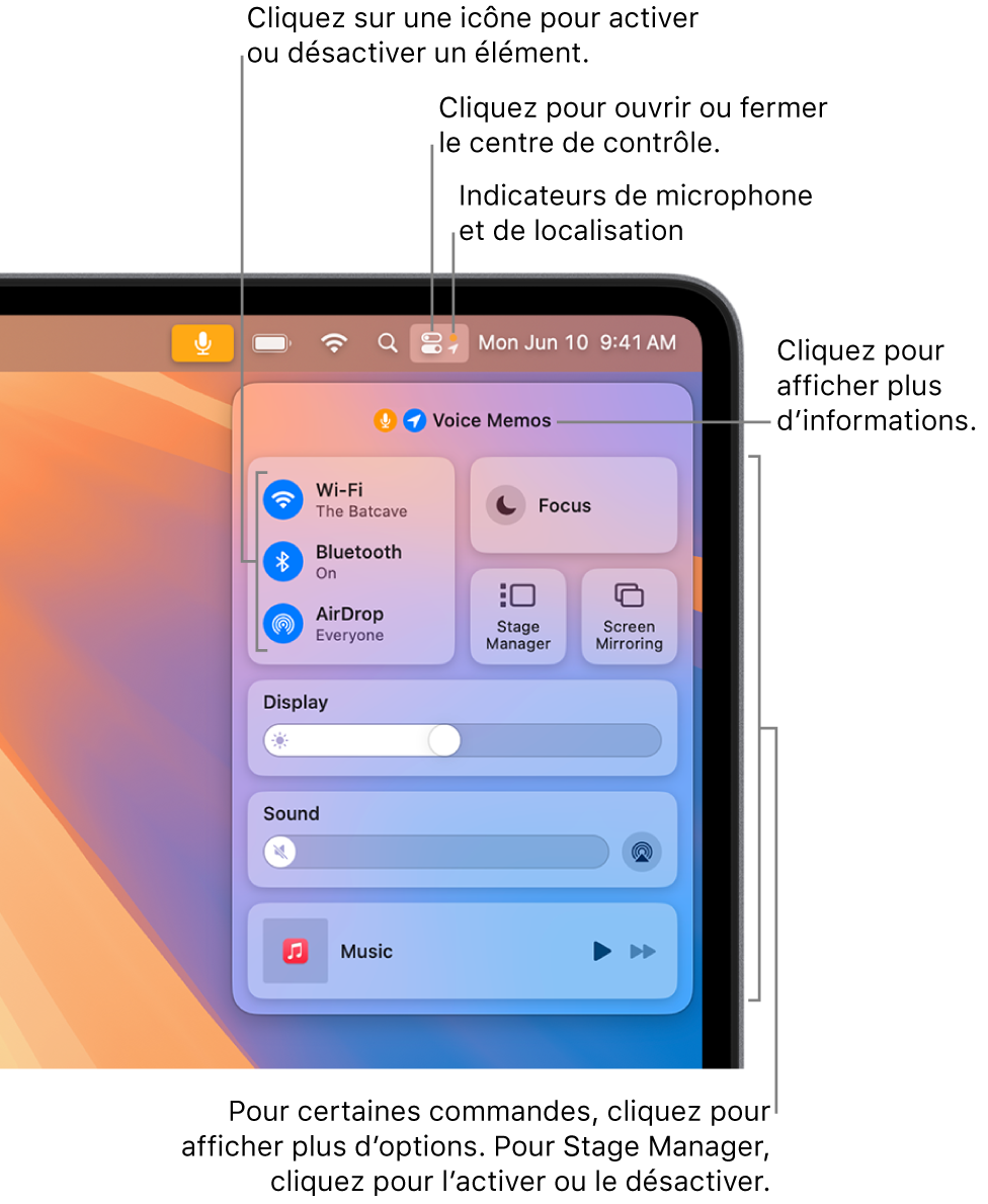 Le centre de contrôle dans la portion supérieure droite de l’écran, affichant les commandes pour Wi-Fi, Concentration, Son et « À l’écoute », entre autres.
