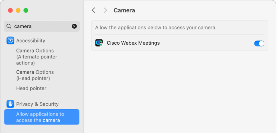Réglages « Confidentialité et sécurité » pour la caméra sur votre Mac. Les apps autorisées à accéder à la caméra sont activées.