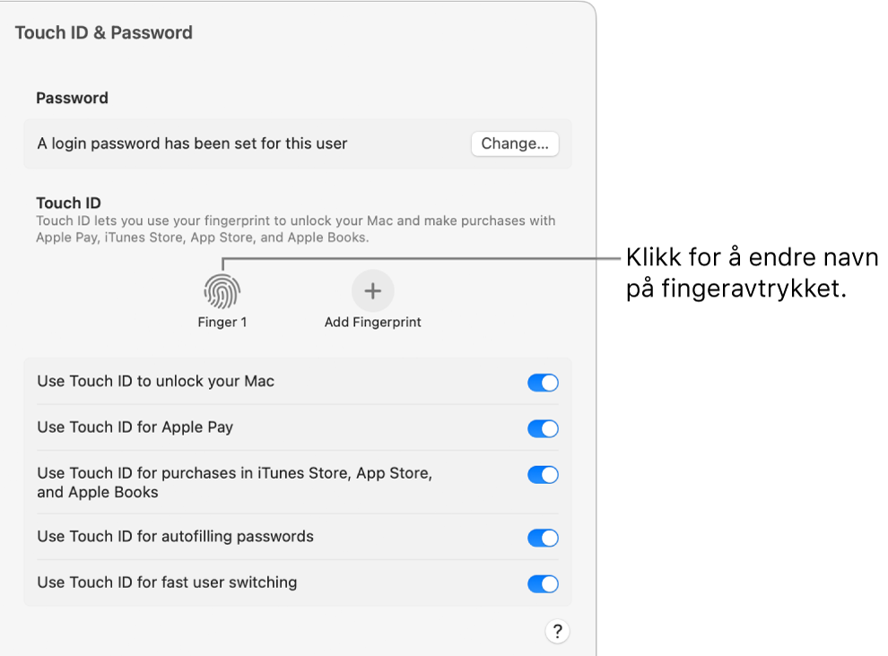 Touch ID og passord-innstillingene, som viser at et fingeravtrykk er klart og kan brukes til å låse opp Macen.