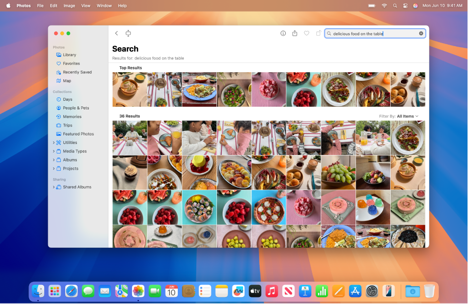 Mac 桌面顯示「照片」App。搜尋欄位顯示自然語言搜尋,來自圖庫的搜尋結果顯示在下方。