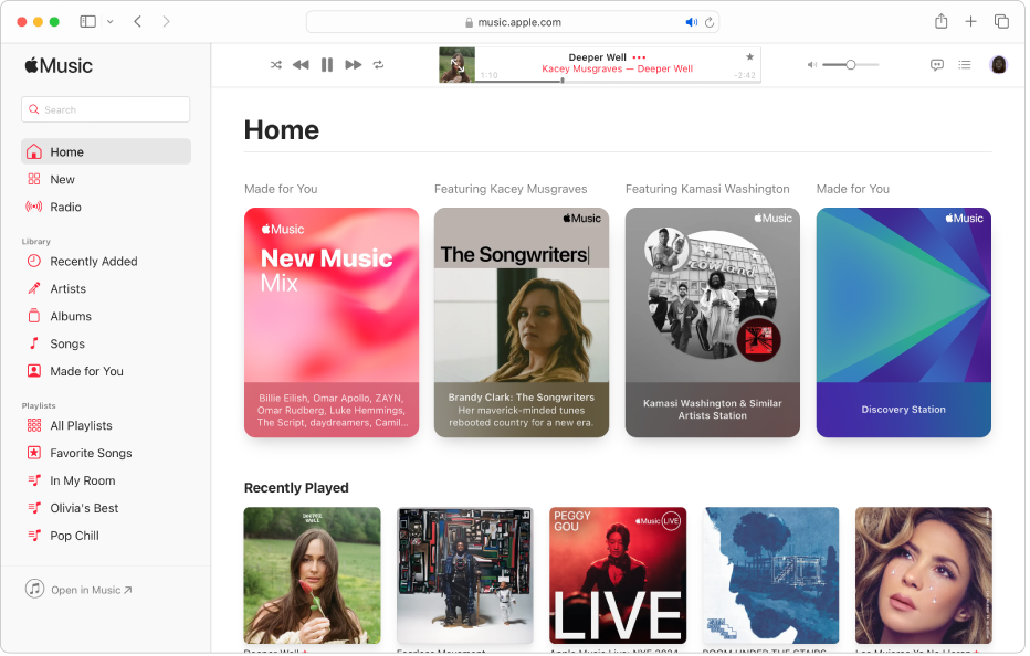 La ventana de Apple Music en Safari con la pantalla Inicio.