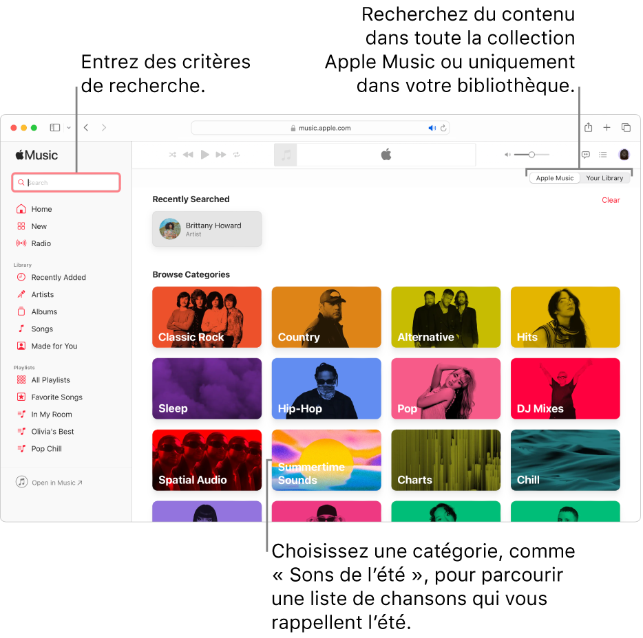 La fenêtre Apple Music, avec le champ de recherche en haut à gauche de la fenêtre, la liste de catégories au centre de la fenêtre et « Apple Music » ou « Votre bibliothèque » disponibles en haut à droite de la fenêtre. Entrez des critères de recherche dans le champ de recherche, puis choisissez d’effectuer la recherche dans tout Apple Music ou seulement dans votre bibliothèque. Vous pouvez également, si vous le voulez, choisir une catégorie, telle que Sons de l’été, pour parcourir une liste de chansons qui évoquent l’été.