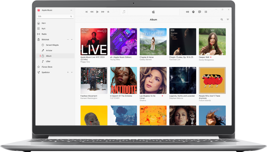 Apple Music-fönstret med ett bibliotek som innehåller album.