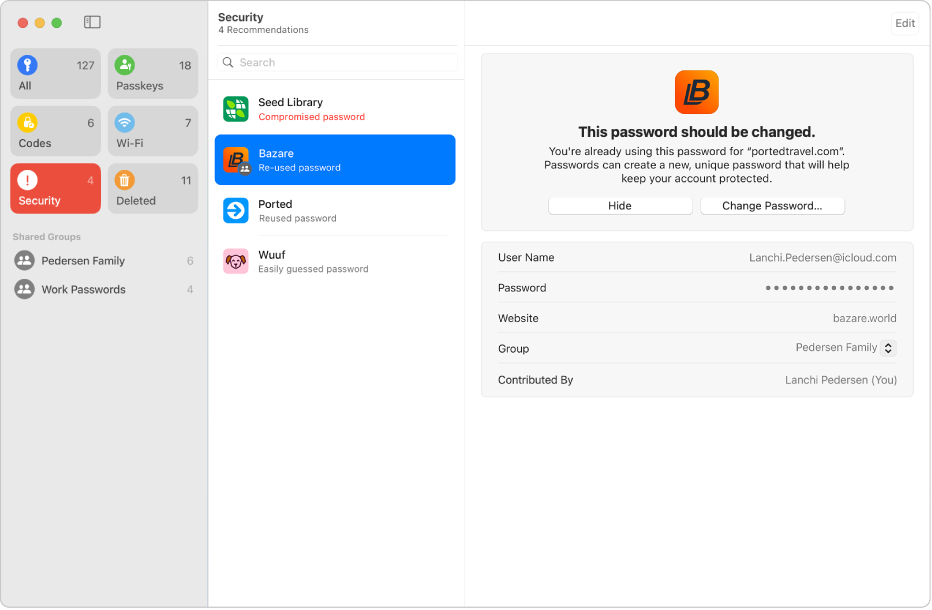 The main screen for the Passwords app, showing the types of passwords in the sidebar on the left (with Security selected), a list of password accounts with potential security concerns in the middle (with Bazare selected), and the details of the Bazare account security concern on the right.