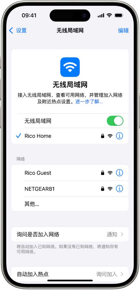 “设置”中的“无线局域网”选项屏幕。“无线局域网”已打开,某个网络被选中。