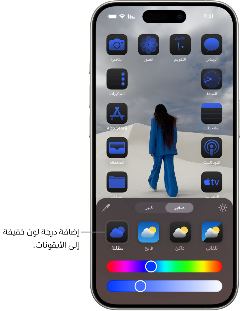 شاشة رئيسية مخصصة تظهر بها أيقونات ملونة بلون أزرق خفيف ومرتبة لتشكيل إطار على الصورة، وعناصر تحكم في الجزء السفلي من الشاشة لتخصيص الأيقونات. الخيارات تتضمن أزرار تلقائي وداكن وفاتح ومظللة، وأشرطة تمرير لاختيار اللون والتشبع، وزري صغير وكبير لتعيين حجم الأيقونة.