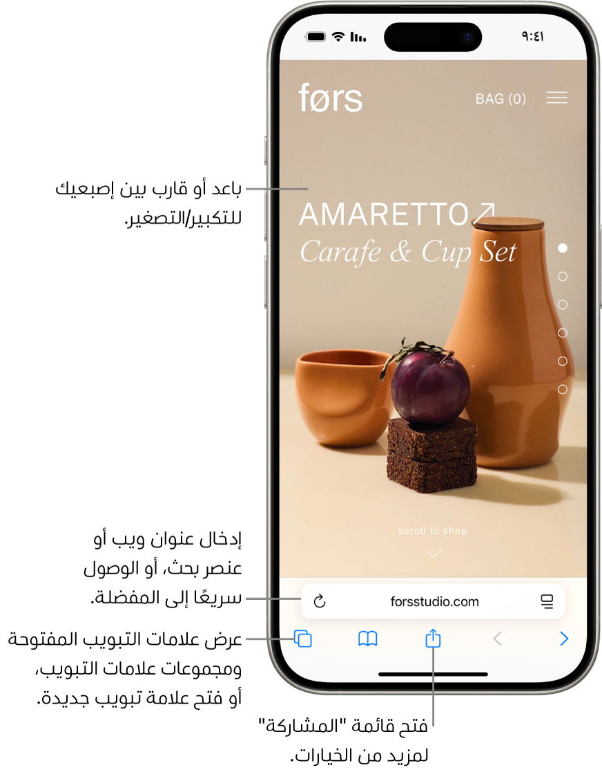 موقع ويب مفتوح في سفاري، ويظهر حقل العنوان في الجزء السفلي. في الجزء السفلي، من اليمين إلى اليسار، تظهر أزرار الخلف، والأمام، والمشاركة، والإشارات المرجعية، وعلامات التبويب.