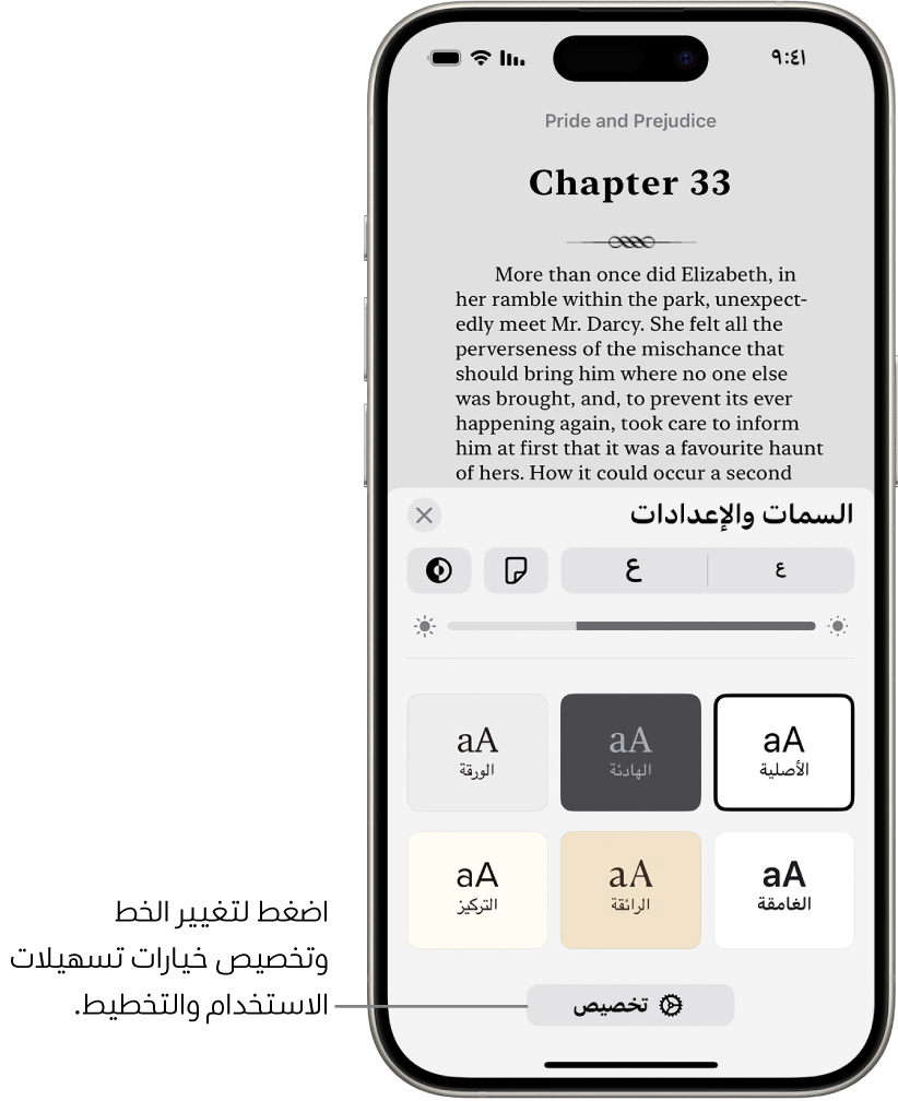 صفحة من كتاب في تطبيق الكتب. خيارات السمات والإعدادات تعرض عناصر التحكم في حجم الخط وطريقة عرض التمرير ونمط قلب الصفحة والسطوع وأنماط الخط.