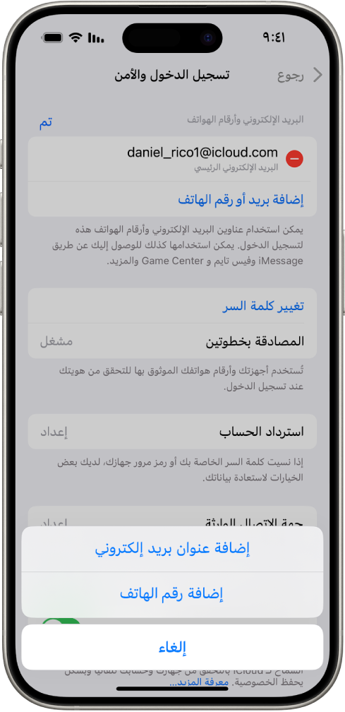 شاشة تسجيل الدخول والأمن في الإعدادات.