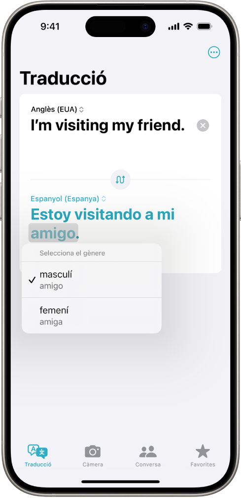 A la pestanya “Traducció” es mostra una frase traduïda de l’anglès a l’espanyol, i una paraula amb diferents variacions de gènere ressaltada en gris.