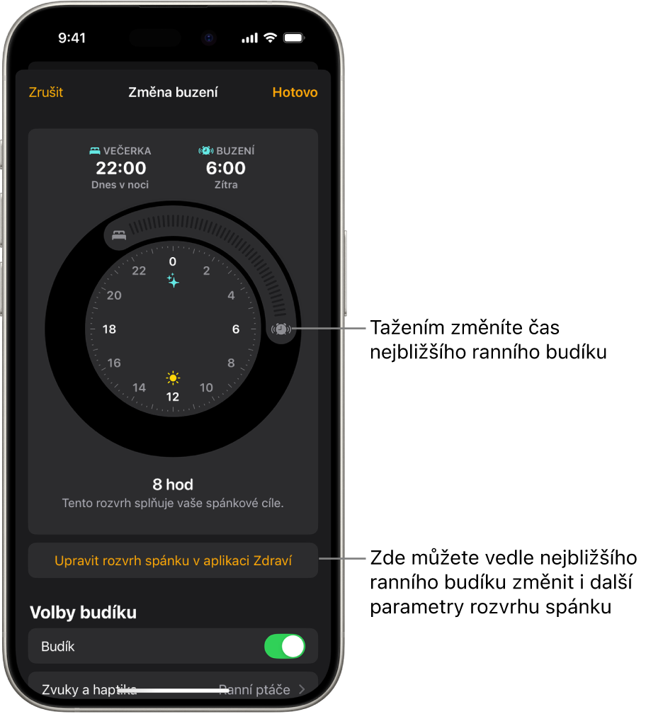 Obrazovka změny nastaveného ranního budíku. Poloha tlačítka Zvonění budíku určuje čas buzení.