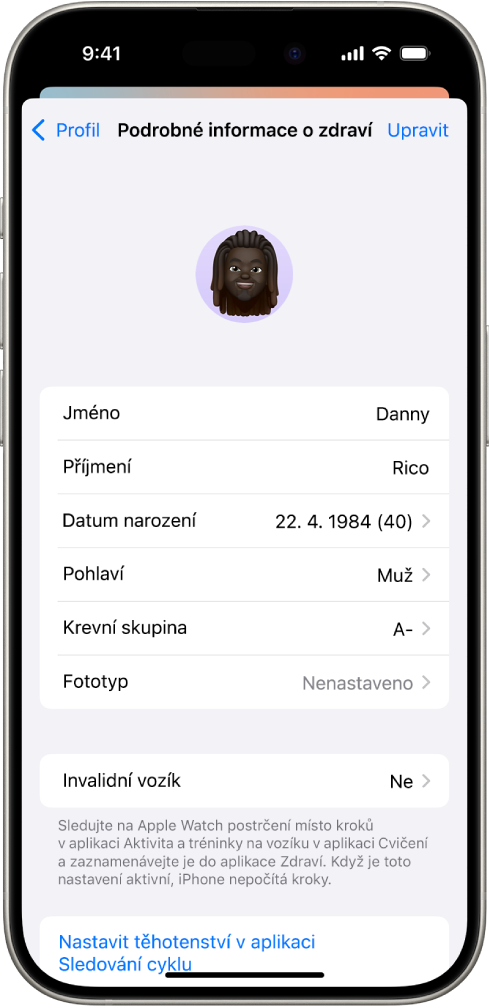 Obrazovka Podrobné informace o zdraví s poli pro jméno, datum narození, krevní skupinu a další informace