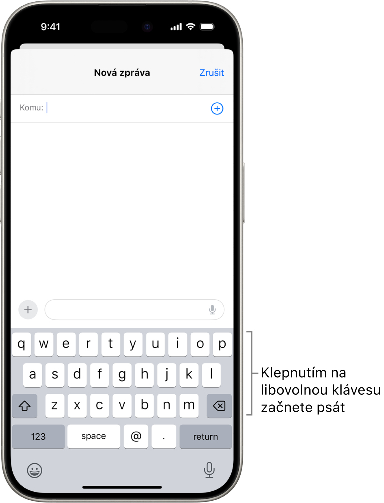 V aplikaci Mail je otevřený prázdný e-mail. V dolní polovině obrazovky je vidět klávesnice na obrazovce.