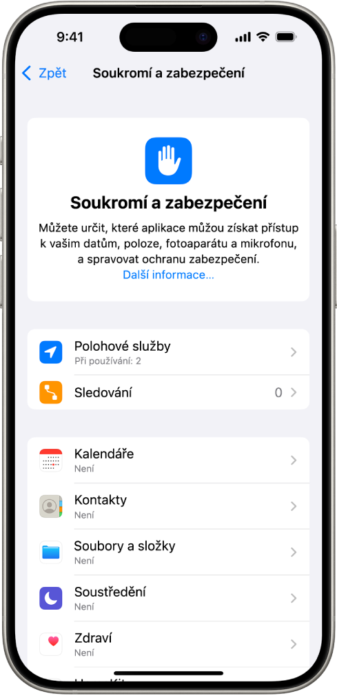 Obrazovka Soukromí a zabezpečení s nastavením polohových služeb a sledování a s nastavením, které aplikace mohou přistupovat k vašim datům.