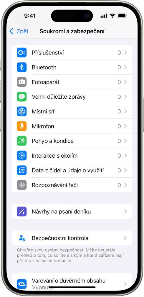 Obrazovka Soukromí a zabezpečení s nastavením, zda mohou aplikace používat fotoaparát, mikrofon a další části iPhonu.